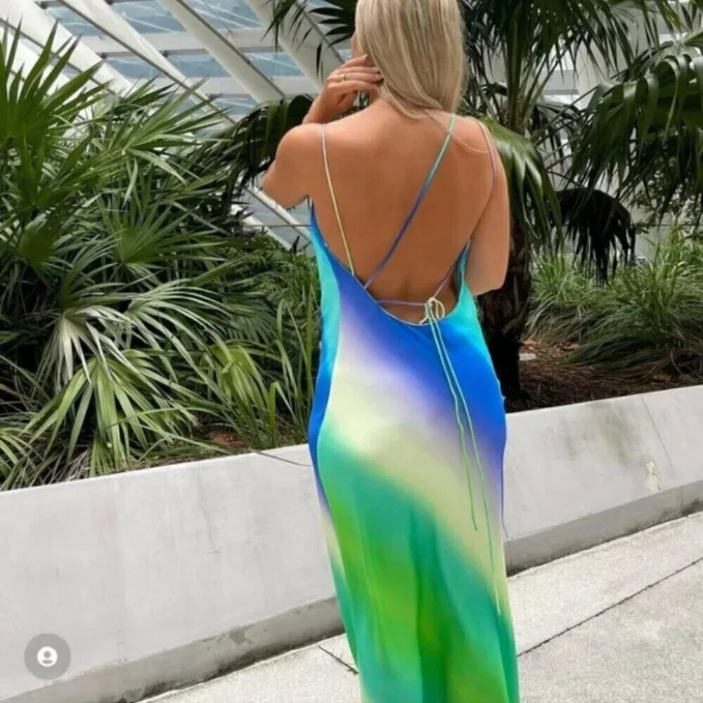 Zara Multicolored Tie Dye Satin Effect Cross Back Midi Dress Blue Green Ombre XS